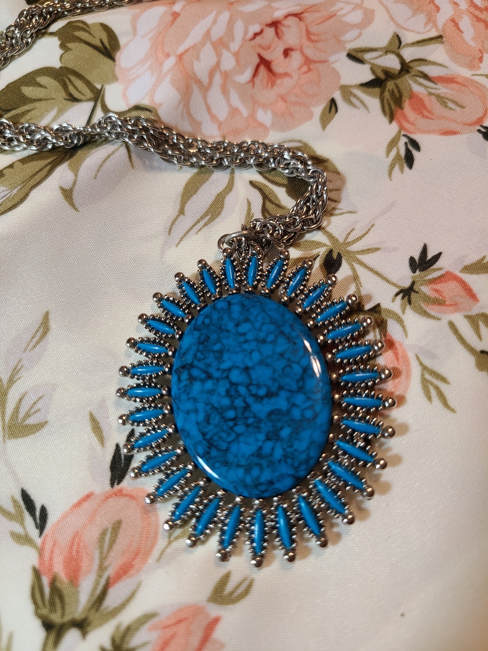 Blue & Silver Oval Statement Pendant Necklace